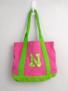Vintage hot pink and green tote with appliqué monogram “N”